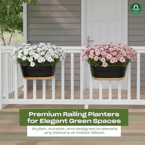 Image of TrustBasket 12 inches, Set of 6 Railing Planter - Premium UV Resistant, Anti-Rust Hanging Pots for Plants | Stylish Hanging Planters for Balcony | Indoor & Outdoor Pots for Balcony Decoration (Black)