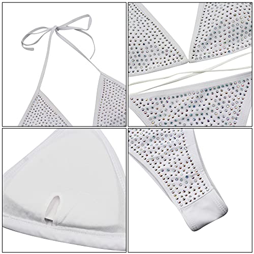 Mingseecess Women Sexy Glitter Bikini Set Sexy Bra Swimsuit Rhinestone Tankini Thong Swimwear Triangle Bathing Suit White #TOP3
