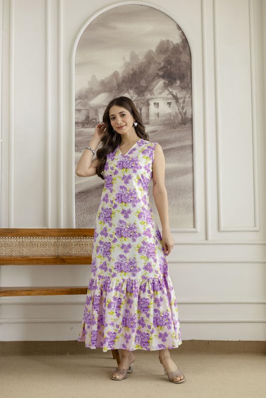 Image of Daevish New Rayon Floral Printed Sleeveless Fit and Flared Maxi Dress for Women | Women Maxi Dress