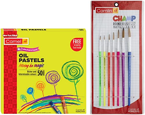 Image of Camel Oil Pastel (50 Shades) & Camlin Champ Round Brush Set - Pack of 7 (Multicolor)