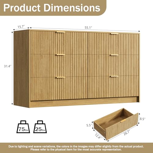 Image of Furniway 3 Piece Bedroom Set, 6 Drawer Dresser and 3-Drawer Nightstand Set of 2 with Gold Handles, Mid-Century Modern Wood Chest of Drawers Storage Cabinet for Bedroom, Natural Oak