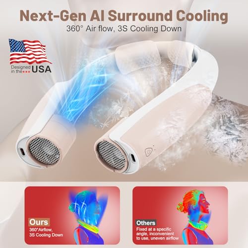 Image of AI Portable Neck Fan with 6 Powerful Speeds, 8000mAh Battery Operated USB-C Rechargeable Fan, Hands-Free 360 Cooling Neck Fan,Twistable,Ultra-Quiet Personal Fan for Women Men Office Travel(Champagne)