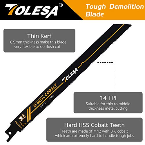 Tolesa Heavy Metal Cutting Reciprocating Saw Blades 9 Inch 14Tpi Sawzall Blades For Metal Pipe, Sheet Metal, Rebar, Cast-Iron Bi-Metal Sabre Saw Blades Better Wear Resistance For Metal Cutting 5 Pack #TOP1