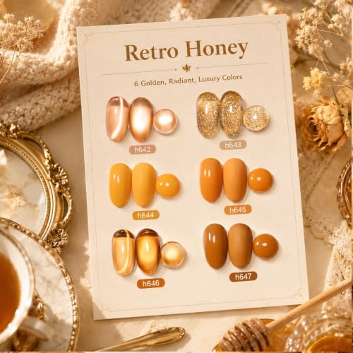 Image of Beetles Fall Gel Polish Set, Retro Honey Gold Glitter Cat Eye Soak Off Gel | 6 Colors Mustard Yellow Amber Brown With Shimmer And Magnetic Effects, UV LED Cure DIY Manicure