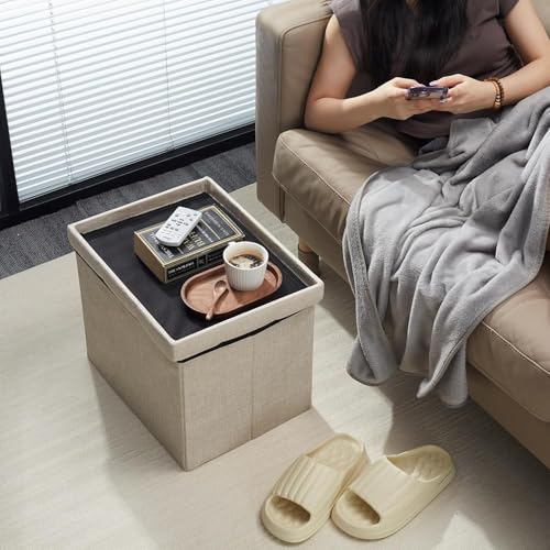 Image of AR Mall Folding Storage Ottoman, Long Shoes Sofa Bench, Fabric Linen Footrest Stool for Laundry, Storage Space, End Bed Storage Seat, Toys Organizer Bin Box with Lidded (Beige, 43X33X33 CM)