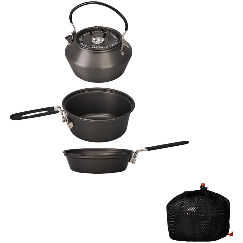 Set di pentole da campeggio in lega di alluminio leggero con pentola da 1,9 l, padella da 1 litro e bollitore da 1,3 l, per cucinare all'aperto ed escursionismo, set compatto da 3 pezzi per 2-4