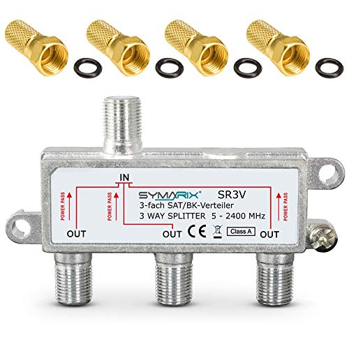 SYMARIX SR3VF SAT & BK - 3-Fach Verteiler mit DC-Durchlass - UHD - Einkabel/SCR/Unicable tauglich - Splitter/Weiche - für - DVB-S2 - BK - DVB-T2 - UKW/DAB Radio - voll geschirmt - mit F-Stecker Cover
