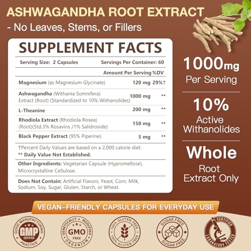 NATURE TARGET Ashwagandha Supplements 1000mg for Women & Men – Ashwagandha Root Extract with Magnesium & L-Theanine, Support Mood, Immune Health & Energy, Non-GMO, 120 Vegan Capsules — view 2