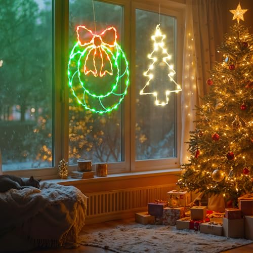 Veeydrut Christmas Trees and Wreath with Timer, 8 Modes Indoor USB String Lights, 120 Led Lights Battery Operated, Christmas Window Lights Decor for Door Wall Indoor/Outside by Veeydrut - Image 6