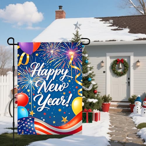 IVN New Year Garden Flag 12x18 Inch Double Sided Waving Red White and Blue Stripes with Fireworks and Balloons Outdoor Yard Flag for Outside Home Front Door Lawn Porch Patio Welcome Decor