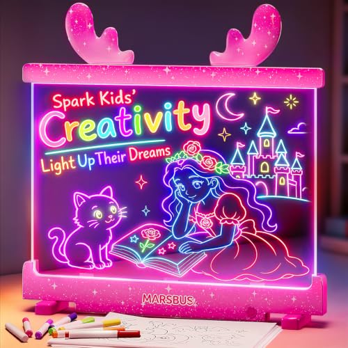 MarsBus LED Drawing Board for Kids with Stand, 8 Markers, 10 Tracing Papers