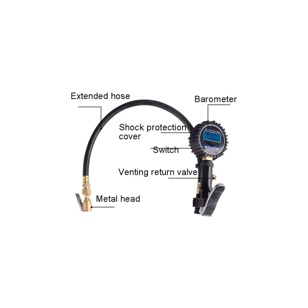 Inflador de neumáticos Digital con manómetro, Mandril de Aire de 200 PSI y Accesorios de compresor Manómetro Digital electrónico de Alta Resistencia Presión de neumáticos
