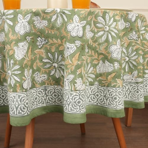 Image of Encasa XO Dining Table Cloth, Jaipuri Block Print Cotton Cover Sage Green
