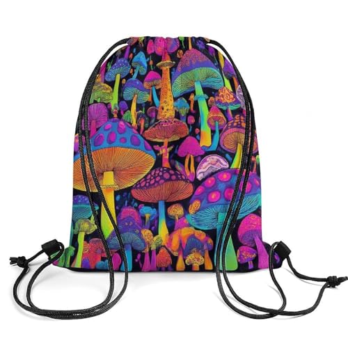 Mens Waterproof Trippy Mushroom Magic World Art Gym Bag, Pull String Sport Bag, Large Capacity Drawstring Backpack for Swim Beach Travel Hiking2