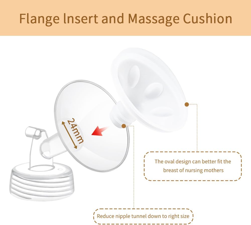 Flange Insert, Two-in-One Silicone Massage Cushion Pad Compatible with Spectra S1 S2 Breast Pump 24mm Shields, Reduce Nipple Tunnel Down to Comfortable Size (21mm)