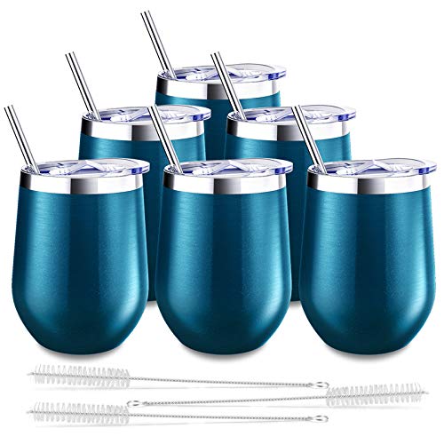 Blingco 6 Pack Stemless Wine Tumbler 12 Oz Stainless Steel Wine Glass with Lids Straws Unbreakable Double Wall Vacuum Cup Insulated Wine Tumbler for Wine Coffee Cocktails ChampagneGreen Blue