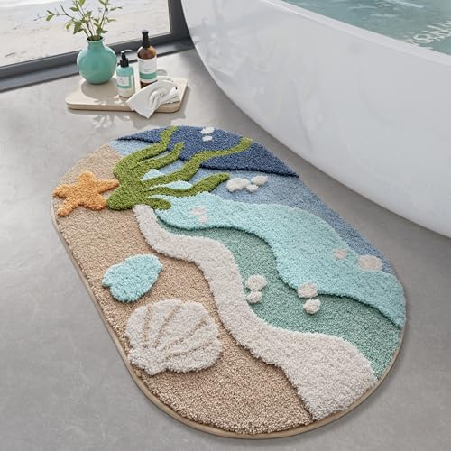 LUMI Beach Bathroom Rugs, Non Slip Bath Mat Ultra Soft Washable Absorbent Quick Dry, Ocean Sea Theme Bath Rug with Starfish Shell for Shower Floor, Kitchen Decor, Kids Room, 22"x34"