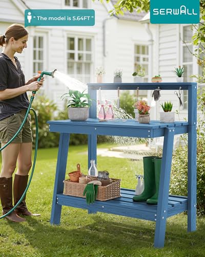 image for SERWALL Potting Bench Outdoor with Storage, 3-Tier HDPE Gardening Tabl