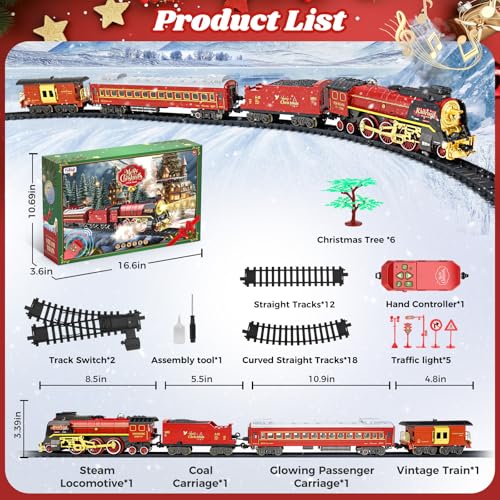 Christmas Train Set for around under The Tree, Electric Christmas Tree Train with Remote Sound Smoke Light, Steam Locomotive Xmas Christmas Train Toy Gift for Kids Boy Girl, Glowing Passenger Carriage by FuBegi - Image 3