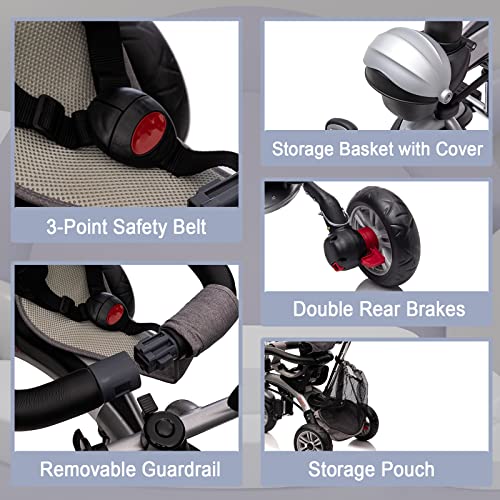 Luibas Baby Tricycle 6 in 1, Baby Trike with Removable Canopy Rotatable Seat, Toddler Bike with Rubber-Plastic Polymerized EVA Tire Adjustable Push Handle Safety Harness Storage Pouch Basket, Gray