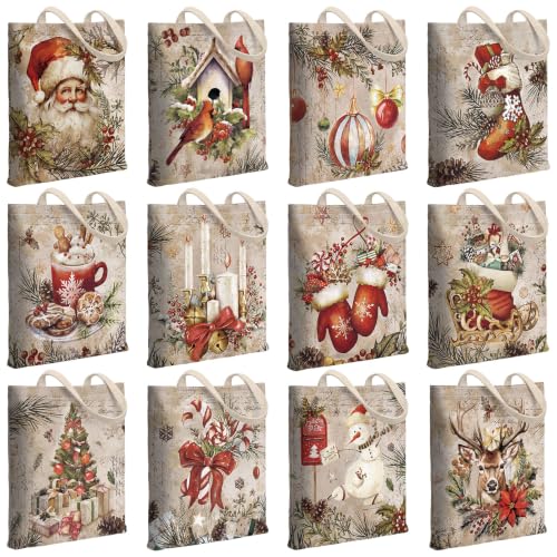 Image of Paterr 12 Pcs Vintage Christmas Canvas Tote Bags Bulk Reusable Retro Christmas Gift Bags with Handles Xmas Tree Santa Claus Cardinal Canvas Handbags for Women Xmas Gifts Farmhouse Party Decor Supplies