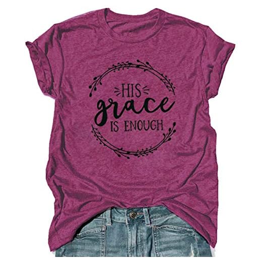 His Grace is Enough T Shirt Women Christian Graphic Tees Letter Print Short Sleeve Casual Tops Jesus Faith T-Shirt (L, Burgundy)