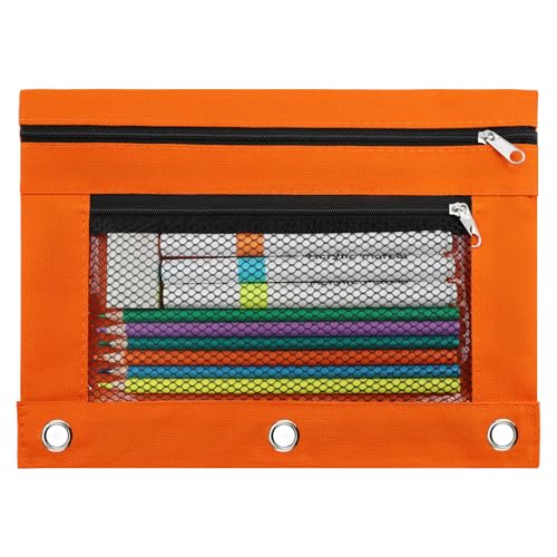 Image of 3 Ring Pencil Pouch for Binder, 2-Pocket Zipper Pencil Case with Clear Window & Mesh Pocket, Heavy Duty 600D Oxford Fabric Binder Pouch for School Office Supplies, Fits Standard 3-Ring Binders, Orange
