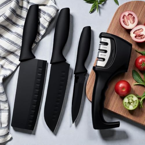 Image of Kitchen Knife Set 3-Piece with Knife Sharpener Tool, Stainless Steel Chef Knives, Sharp Cutting Knives for Kitchen, Vegetable, Fruit & Meat Cutting Sharp Chef Knifes (3 Knife Set + Knife sharpner)
