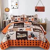 Menghomeus Halloween Quilt Set Queen Orange Cartoon Patchwork Bedspread Ghost Bat Black Cat Pumpkin Festival Themed Bedding Set, 3 Piece Decorative Quilted Set with 2 Pillow Shams