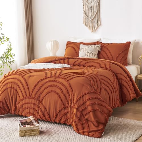 Image of ENJOHOS Burnt Orange Twin Comforter Set, 2 Pieces Boho Style Comforter, with Tufted Rainbow Pattern, Lightweight Fluffy Microfiber Comforter for All Season, with 1 Pillowcase