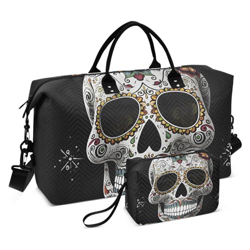 Large Travel Duffel Bag, White and Mexican Skull Sports Tote Gym Bag, Shoulder Weekender Overnight Bag for Women Men, Carry On Luggage with Toiletry Bags