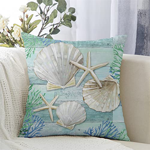 Nautical Coastal Throw Pillow Covers Set Of 2 Beach Conch Coral Starfish Pillow Cases Decorative Ocean Sea Life Outdoor Couch Cushion Cover For Bedroom Living Room, 18" X 18" #TOP3