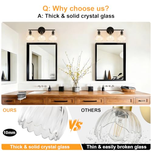Image of Bathroom Light Fixtures, 3-Light Brushed Black Vanity Lights for Bathroom with Clear Tulip Glass Shade, 20 inch Vintage Bathroom Vanity Lighting Fixtures Over Mirror for Bedroom Living Room Hallway