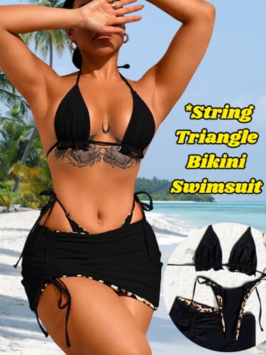 Image of ShawGobow Womens 3 Piece Leopard Bikini Set,Triangle String High Cut Thong Sexy Swimsuit & Coverup Skirt,Pool Party Outfit
