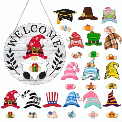 Decoración de gnomo de madera de temporada con 15 sombreros y accesorios, diseño magnético intercambiable para todo el año para la decoración del hogar (MZ979A)
