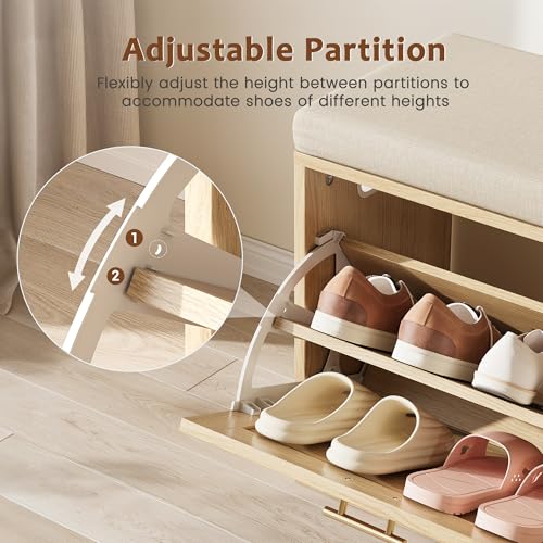 Apicizon 39\'\' Rattan Shoe Storage Bench Whith Cushion, Wooden Entryway Bench with Storage, Shoe Rack Bench with Adjustable Shelves for Entrance, Living Room, Hallway, Natural