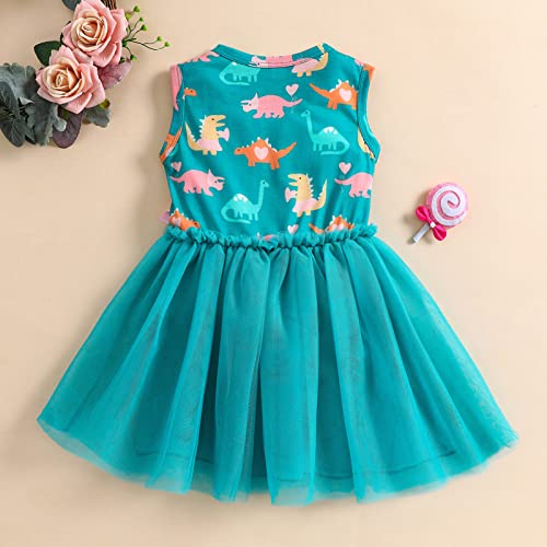 Vestido infantil de patchwork sem mangas para bebês meninas laço princesa tule dinossauro infantil v
