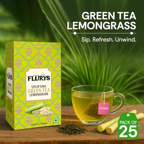Image of Flurys Green Tea Lemongrass I Refreshing Detox Green Tea Blend with Natural Lemongrass | Antioxidant-Rich Wellness | 25 Tea Bags (Pack of 3)