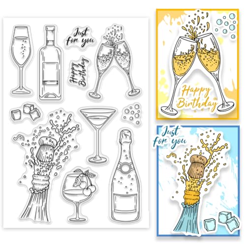 PH PandaHall Champagne Clear Stamps, Feiern Silikonstempel Weinglas Gummistempel Happy Birthday Transparente Briefmarken für Kartenherstellung Fotoalbum Dekoration und DIY Scrapbooking 16x11 cm