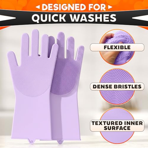 Silicone Dishwashing Gloves with Scrubber - 1 Pair Dish Gloves for Women Silicone Gloves Purple Cleaning Gloves with Bristles Silicone Dish Scrubber - Scrub Gloves Silicone Scrubber for Dishes by ALPENKOK - Used condition - Image 4