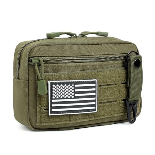 Bolsa de administração Tactical MOLLE – Bolsa de ferramentas EDC cortada a laser, organizador modular horizontal com emblema da bandeira americana e chaveiro (verde militar)