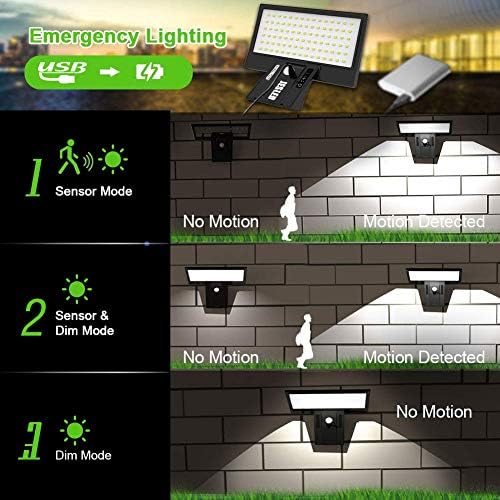 Zewnętrzne światło słoneczne, JESLED 90 LED Solar i ładowanie przez USB, mocny solarny reflektor z czujnikiem ruchu, wodoodporny z 4 inteligentnymi trybami do ogrodu, patio, ścieżki, schodów