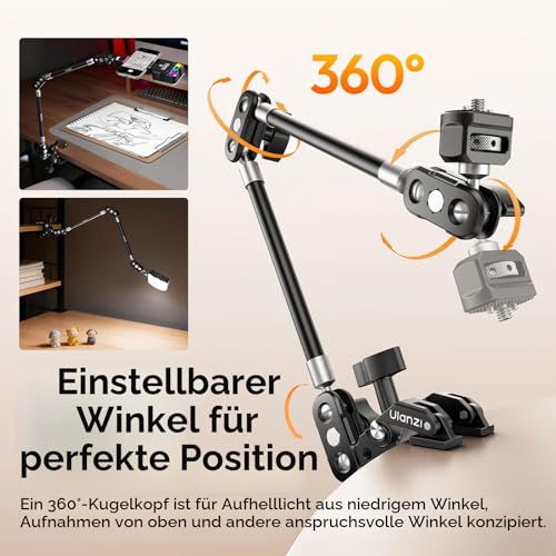 ULANZI C078 Magic Arm mit Klemme, Overhead Stativ mit 360°-Kugelkopf, Klemmstativ mit Handyhalterung, 1/4\- und ARRI-Positionierstifte, kompatibel mit iPhone, Licht, Webcam, Max. Belastung 1kg