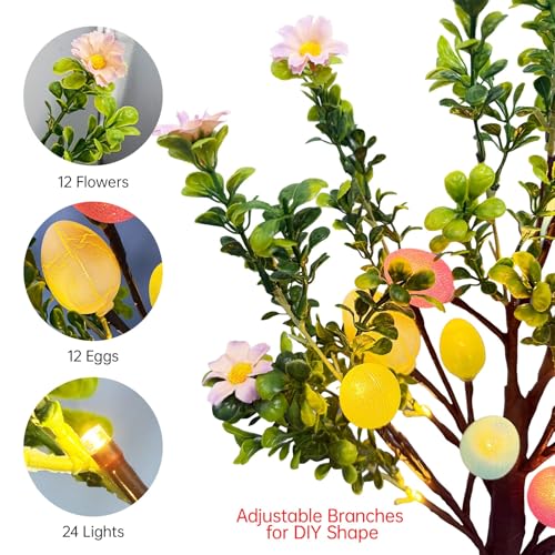 2 Pack 22" Lighted Easter Tree Decorations with 24 Pink Flowers & 24 Eggs, Battery Operated Tabletop Artificial Spring Tree with Timer, DIY Prelit Easter Decor for Home Indoor Centerpiece — view 2