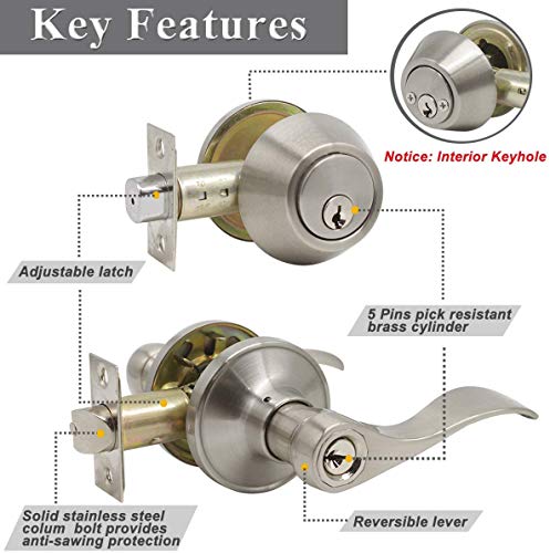 Probrico Wave Style Entry Door Handle (Set of 4 Satin Nickel Exterior Entry Lever and Double Cylinder Deadbolt Combo Pack,Keyed Alike Exterior Lockset Front Door Handleset, Security Door Hardware - Image 6