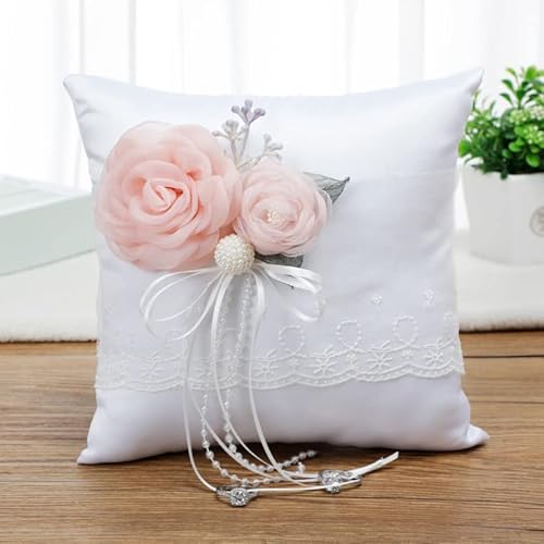 Chic Coussin d'alliances pour mariage, 20 x 20 cm, mariage, anneau avec perles synthétiques, motif floral et décoration en dentelle, blanc, pour bague de nuptiale pour mariage, fête Cover