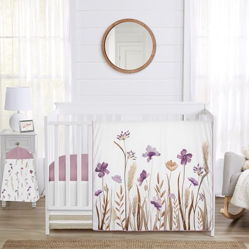 Image of Sweet Jojo Designs 4-Piece Baby Crib Bedding Set (Purple Boho Floral) for Girls, Infants /Nursery incl. Blanket, Fitted Sheet, Skirt, Diaper Stacker (Vintage, Wildflower Garden, Bohemian, Farmhouse)
