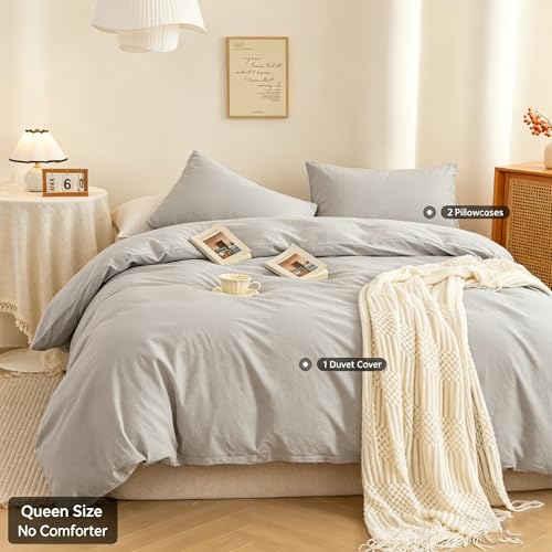 Image of ECOCOTT Light Grey Duvet Cover Queen Size - 100% Washed Cotton Linen Feel Super Soft Comfortable Lightweight 3 Pcs Home Bedding Set with Zipper Closure