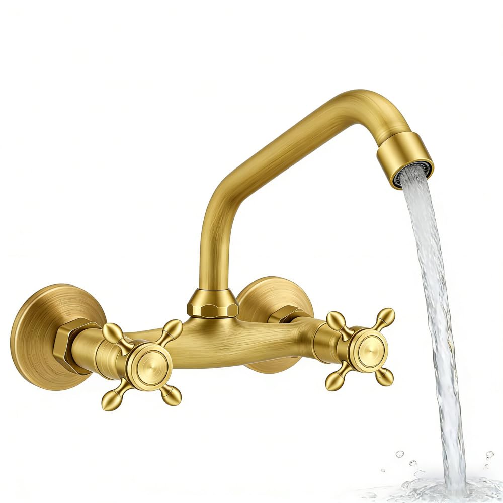 Rubinetto Bagno Lavabo a Muro in Ottone Anticato, Miscelatore Vintage per Cucina con 2 Tubi Flessibili, Girevole 360° con Doppia Manopola, Bocca 25 cm