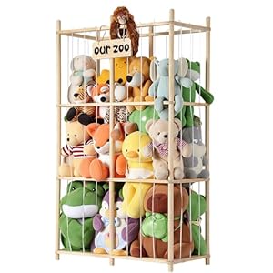 LAMU Almacenamiento de animales de peluche, soporte de madera para animales de peluche con cordones elásticos, jaula de juguetes de peluche que ahorra espacio, organizador de animales de peluche extra